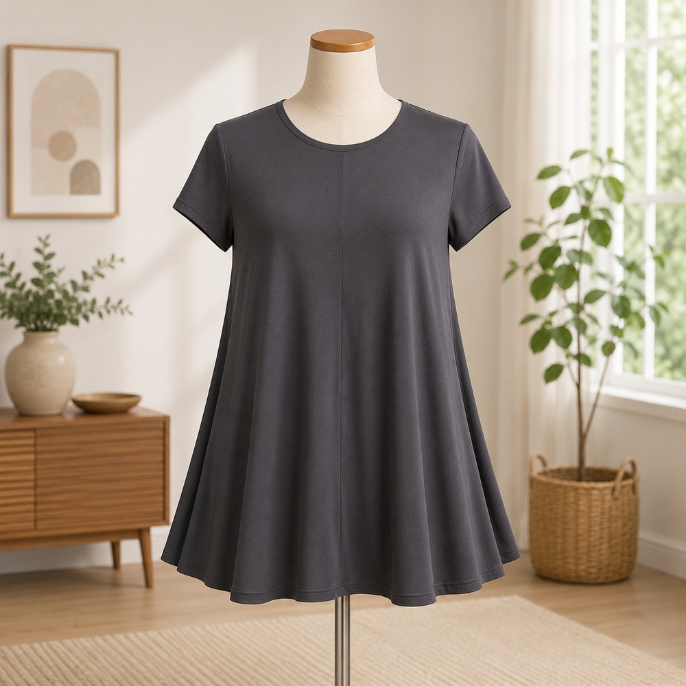Susan Graver Liquid Knit Tunic Top Women 5XP Black Short Sleeve A-Line Scoop